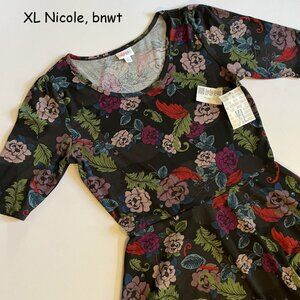 XL Lularoe Nicole fit flare dress, dark grey with flowers in pink, purple, blue